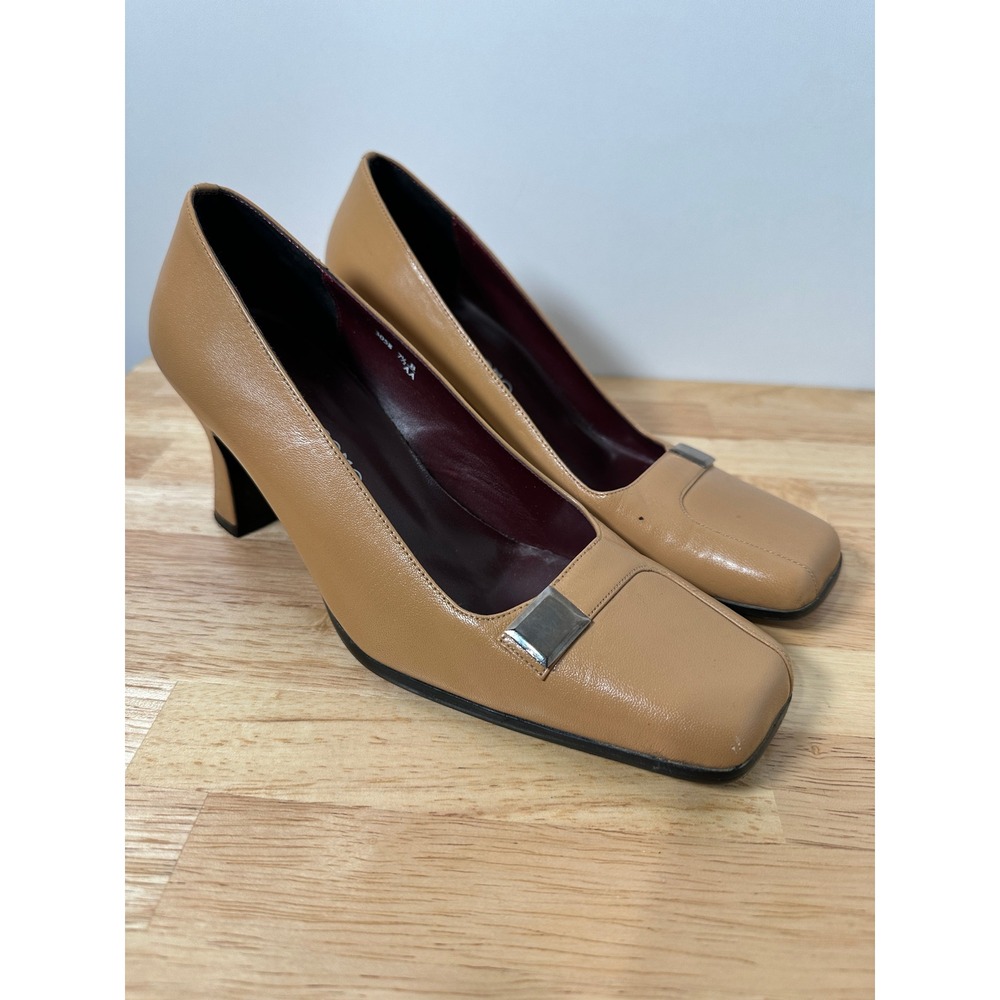 Vintage Italian Ferra Giacomo Tan Leather Square Toe Block Heel Pumps 7.5